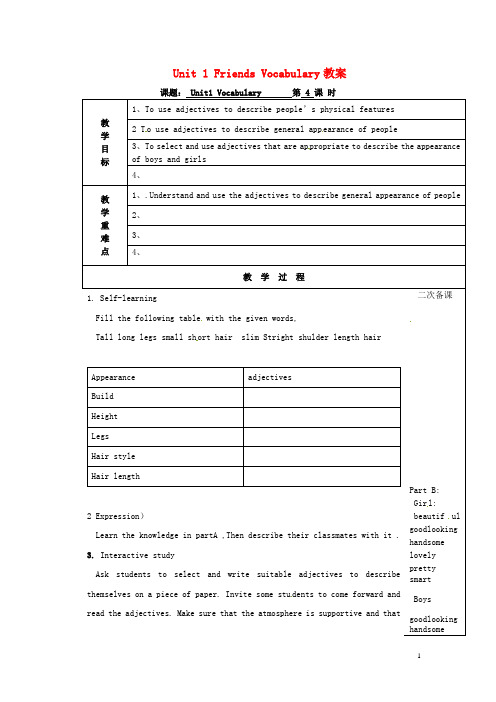 江苏省灌云县陡沟中学八年级英语上册 Unit 1 Friends Vocabulary教案 牛津版