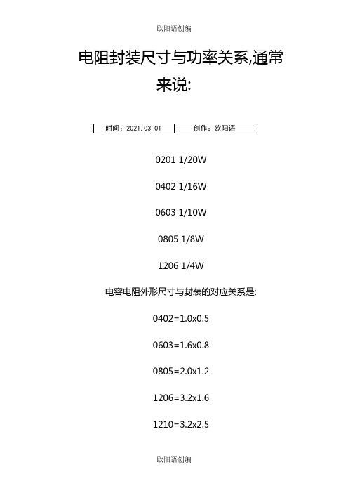 贴片电阻功率与尺寸对照表-电阻尺寸功率对照表之欧阳语创编