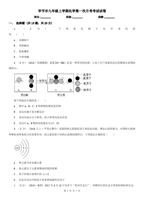 毕节市九年级上学期化学第一次月考考试试卷