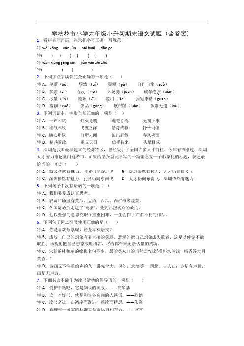 攀枝花市小学六年级小升初期末语文试题(含答案)