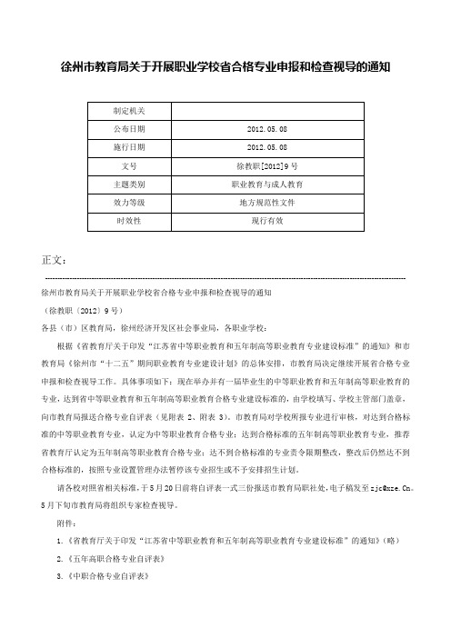 徐州市教育局关于开展职业学校省合格专业申报和检查视导的通知-徐教职[2012]9号