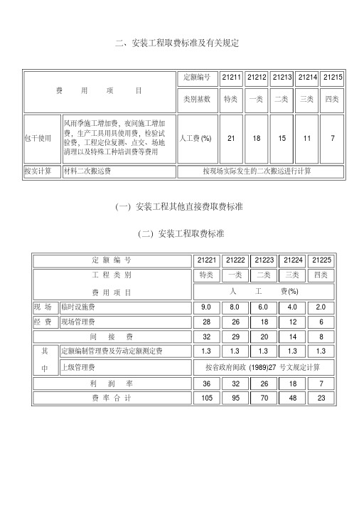 安装工程取费标准及有关规定