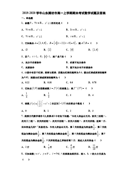 2019-2020学年山东潍坊市高一上学期期末考试数学试题及答案