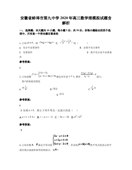 安徽省蚌埠市第九中学2020年高三数学理模拟试题含解析