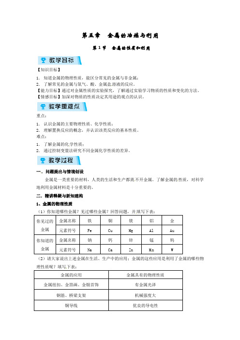 沪教版九年级上册化学教案5.1  金属的性质和利用