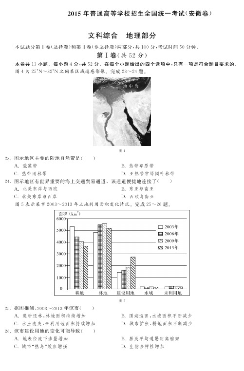 【高清重绘版】2015年普通高等学校招生全国统一考试(安徽卷)地理