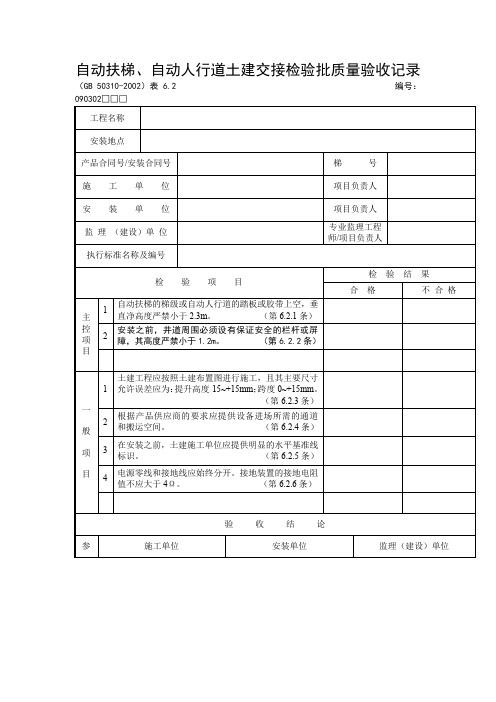 自动扶梯、自动人行道土建交接检验批质量验收记录