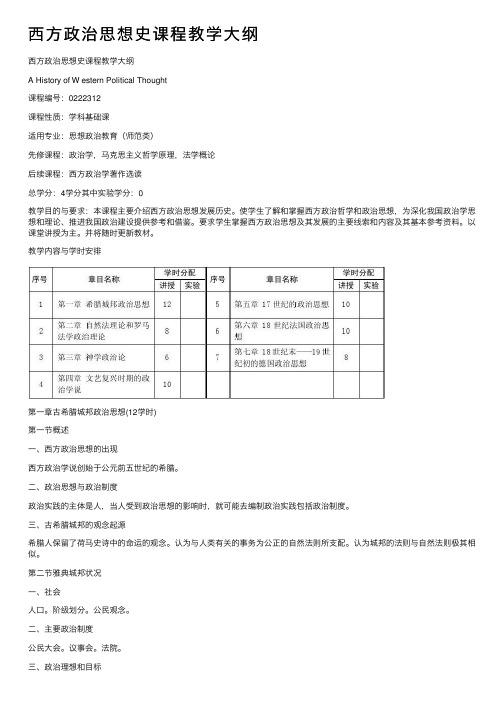 西方政治思想史课程教学大纲