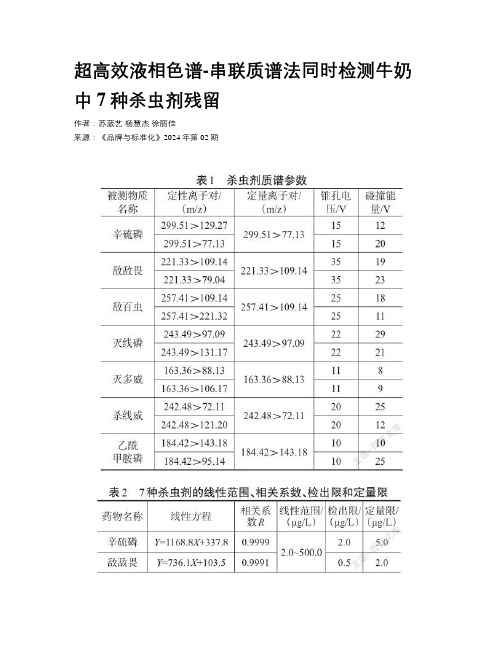 超高效液相色谱-串联质谱法同时检测牛奶中7种杀虫剂残留