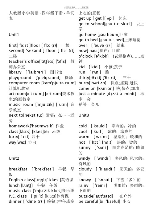 人教版pep小学英语四年级下册单词表(带音标)