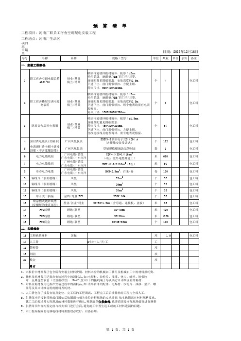 职员工宿舍空调配电安装项目清单