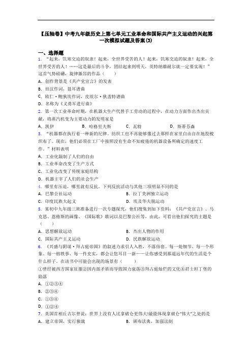 【压轴卷】中考九年级历史上第七单元工业革命和国际共产主义运动的兴起第一次模拟试题及答案(3)