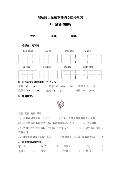 六年级下册语文试卷-《金色的鱼钩》一课一练(含答案)人教部编版