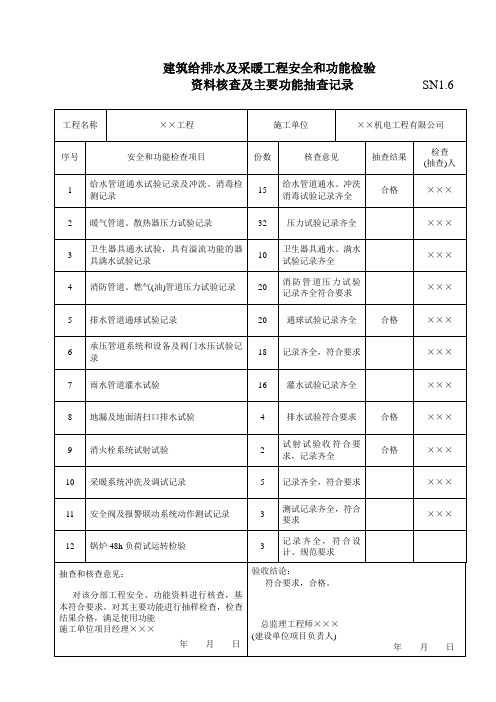 SN1.6建筑给排水及采暖工程安全和功能检验资料核查及主要功能抽查记录