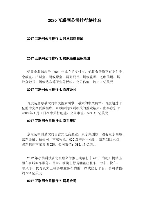 2020互联网公司排行榜排名