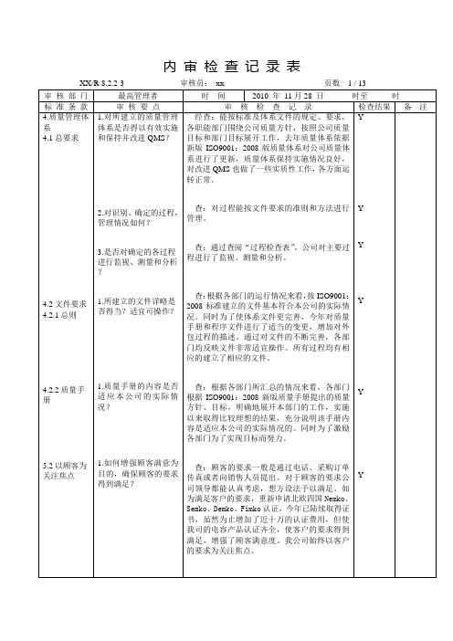 质量审检查记录表范本