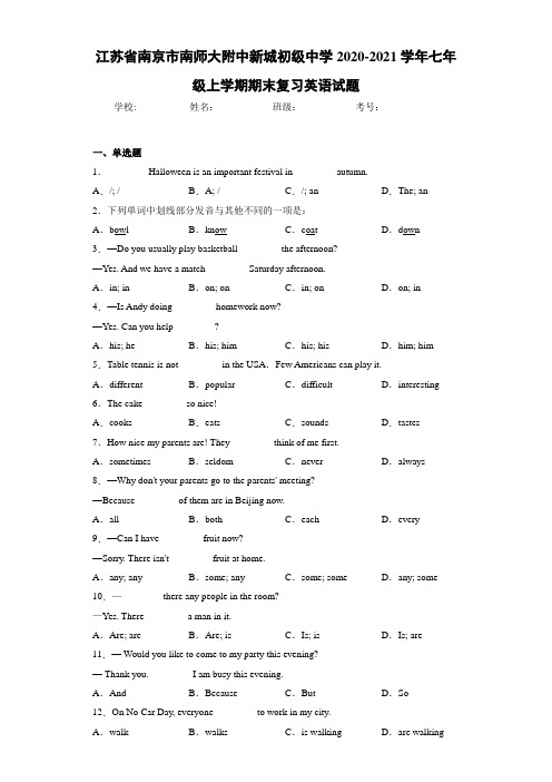 江苏省南京市南师大附中新城初级中学2020-2021学年七年级上学期期末复习英语试题