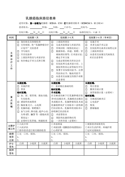 乳腺癌临床路径表单