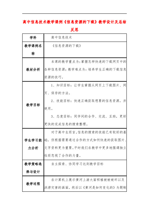 高中信息技术教学课例《信息资源的下载》课程思政核心素养教学设计及总结反思