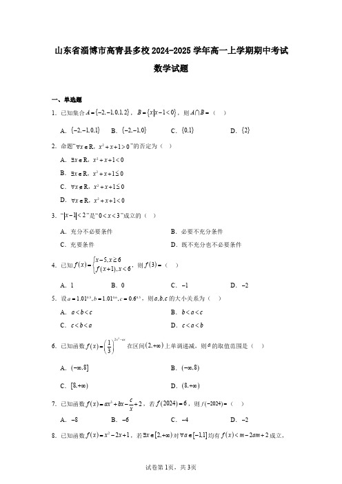 山东省淄博市高青县多校2024-2025学年高一上学期期中考试数学试题