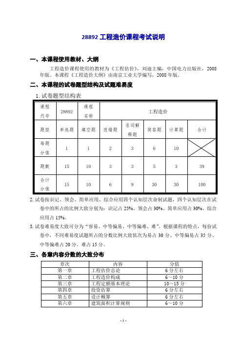 28892工程造价课程考试说明