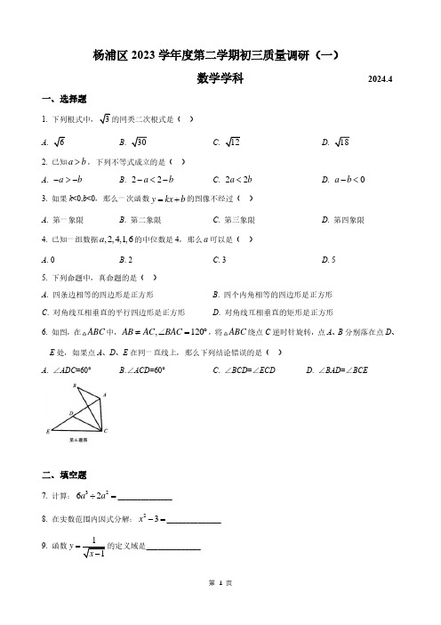 2024届上海杨浦区中考数学二模试卷及答案