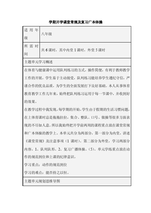 初中体育《学期开学课堂常规及复习广本体操》单元教学设计以及思维导图