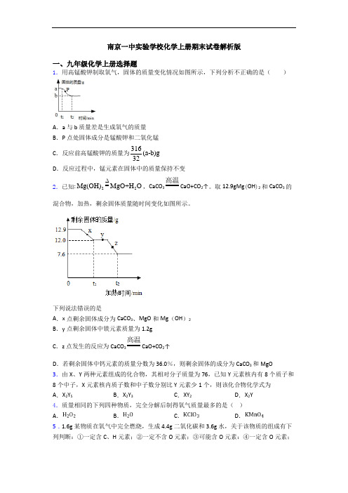 南京一中实验学校化学初三化学上册期末试卷解析版