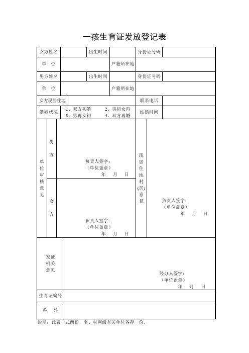 河南最新2012年一孩、二孩证生育发放登记表