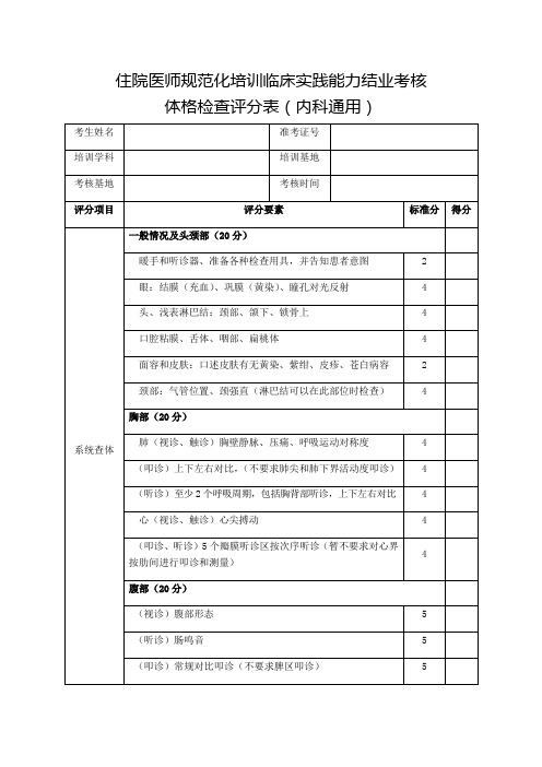 住院医师规范化培训临床实践能力结业考核体格检查评分表(内科通用)