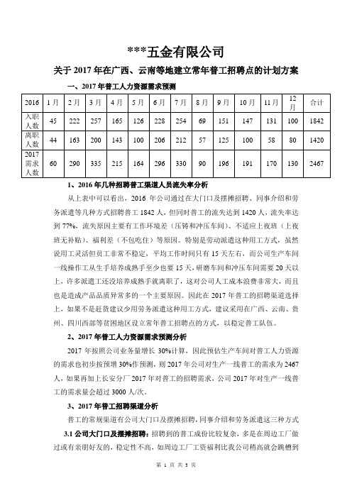 2017年普工招聘计划方案