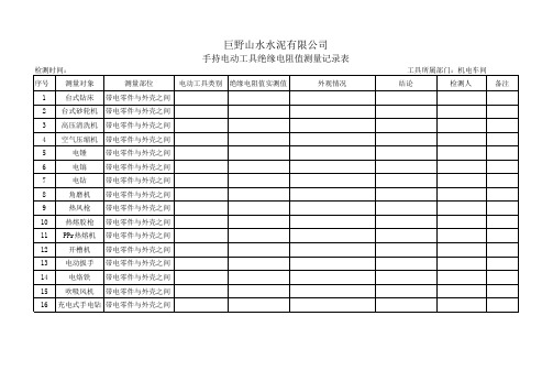 手持电动工具绝缘电阻值测量记录表