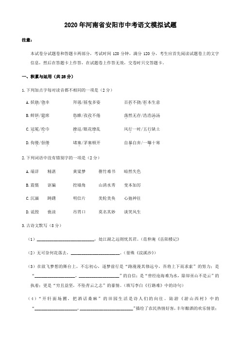 2020年河南省安阳市中考语文模拟试题(含答案)