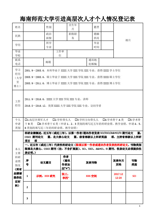 海南师范大学引进高层次人才个人情况登记表