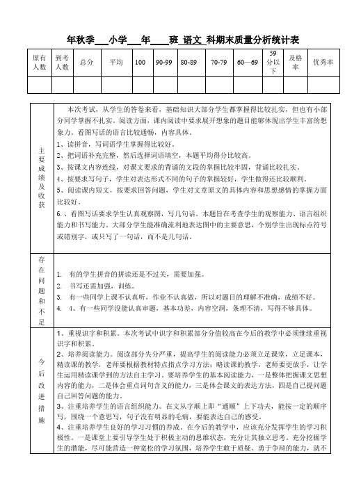 一上语文期末 质量分析表
