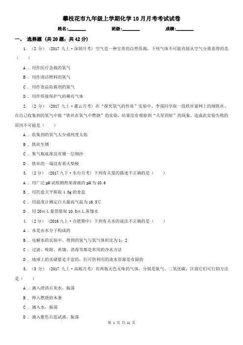 攀枝花市九年级上学期化学10月月考考试试卷