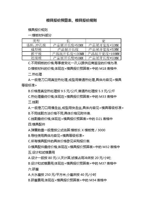 模具报价预算表、模具报价规则