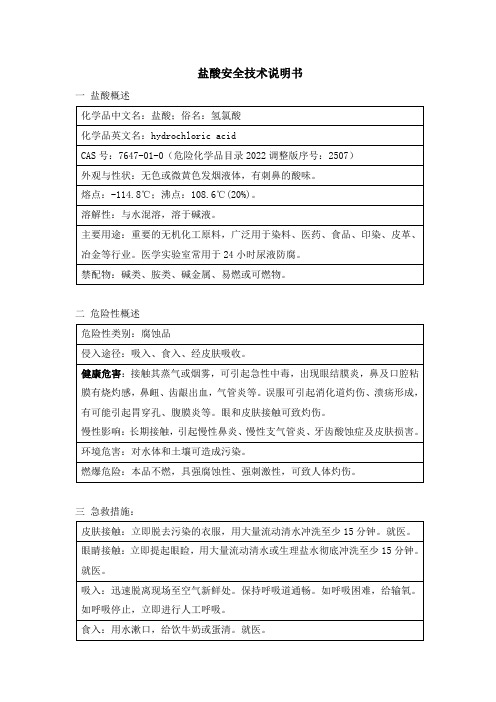 盐酸安全技术说明书