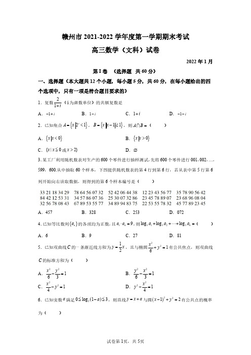 江西省赣州市2021-2022学年高三上学期期末数学(文)试题