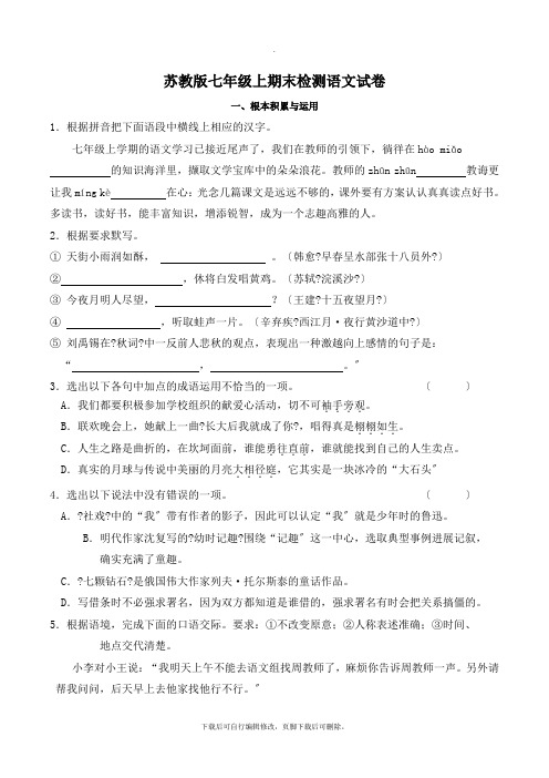 初中苏教版语文七年级上册 期末测试卷4