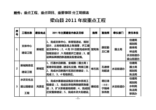 山东济宁梁山重点工程、重点项目、重要事项 分工明细表