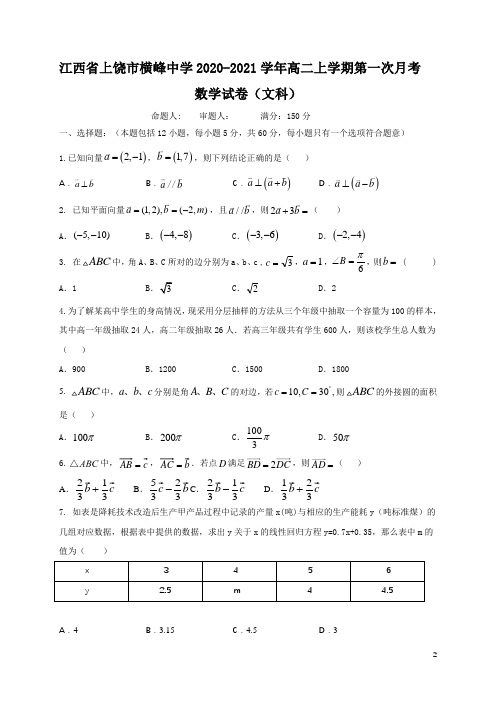 2020-2021学年江西省上饶市横峰中学高二上学期第一次月考数学(文)试题