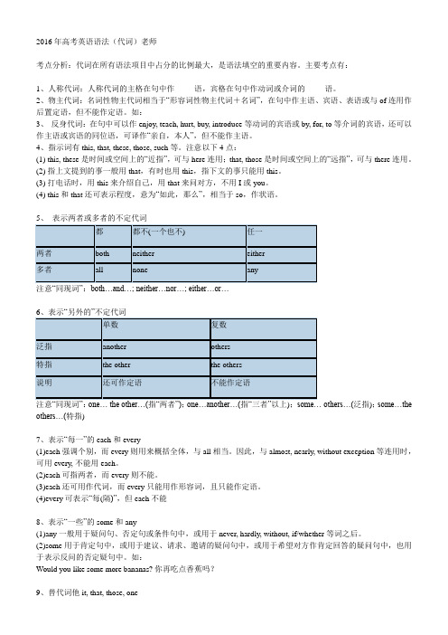 2016年高考英语语法代词教师用