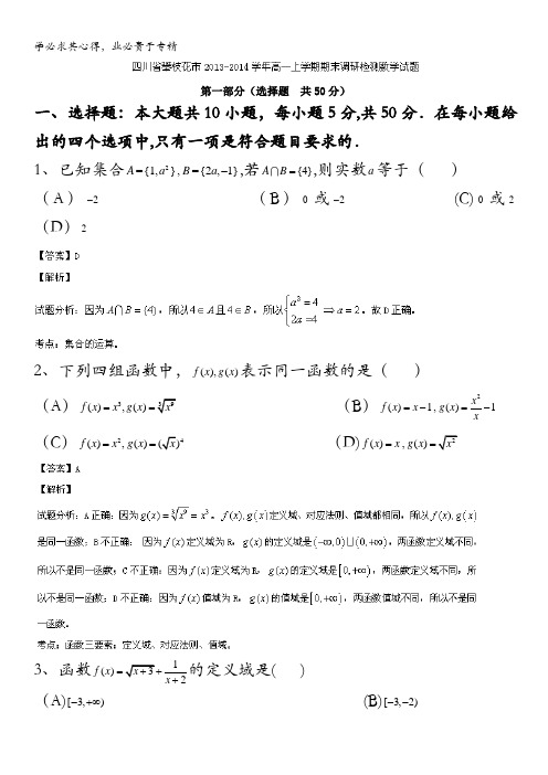 四川省攀枝花市2013-2014学年高一上学期期末调研检测数学试题 含解析