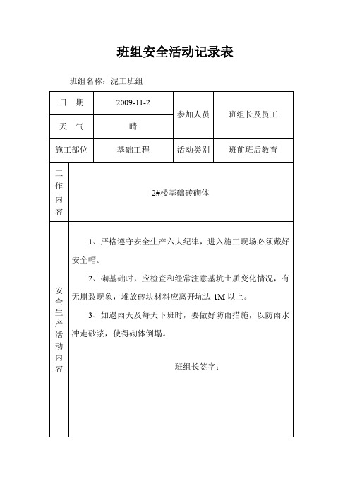 班组安全活动记录表(泥工)1