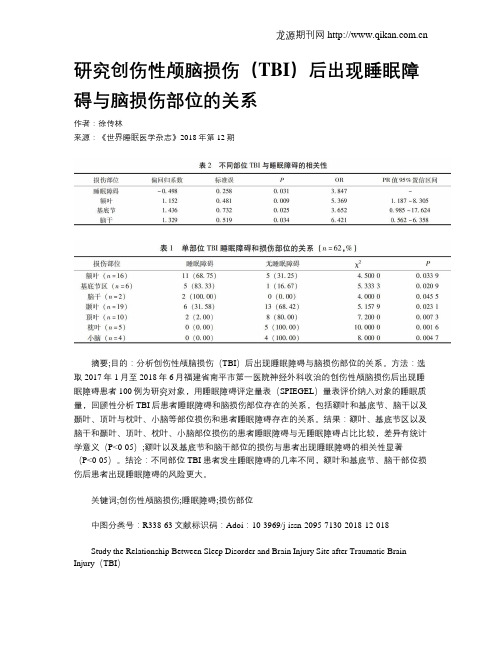 研究创伤性颅脑损伤(TBI)后出现睡眠障碍与脑损伤部位的关系