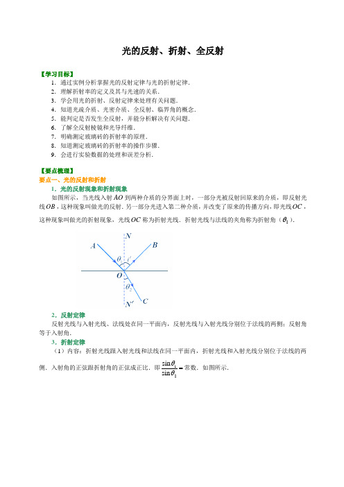 高中物理 光的反射、折射、全反射  (提纲、例题、练习、解析)