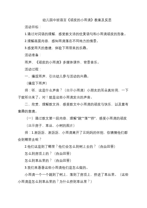 幼儿园中班语言《顽皮的小雨滴》教案及反思