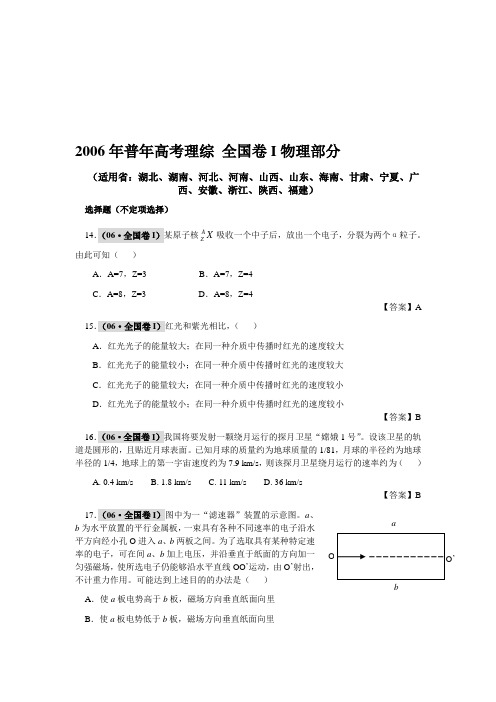 2006年陕西省高考理综试卷物理部分