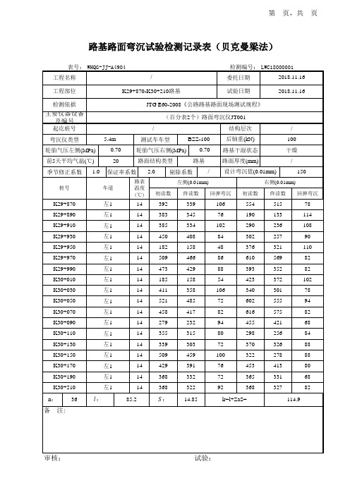 路基路面弯沉检测记录表(贝克曼梁法)